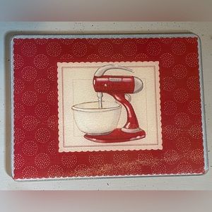 Vintage LANG, tempered glass cutting board, about 16" x 12" with red mixer